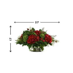 Hydrangea Holiday Arrangement in a Metal Pot with Cedar, Sedum and Berries