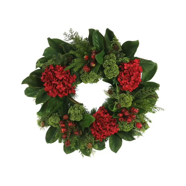 26" Hydrangea Holiday Wreath with Magnolia Leaves, Cedar, Sedum and Berries