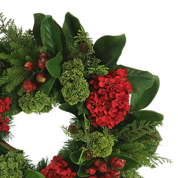 26" Hydrangea Holiday Wreath with Magnolia Leaves, Cedar, Sedum and Berries