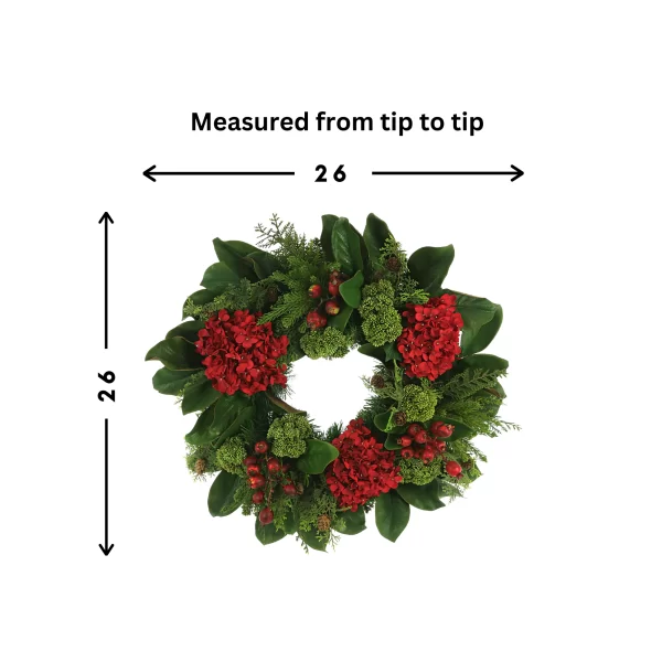 26" Hydrangea Holiday Wreath with Magnolia Leaves, Cedar, Sedum and Berries