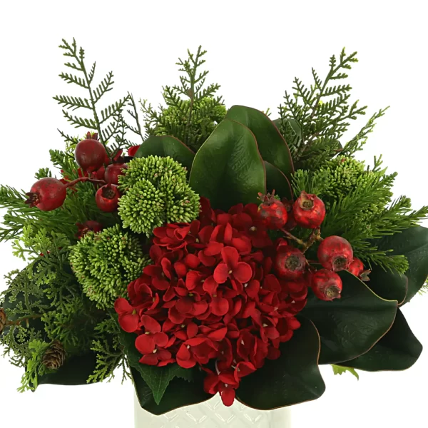 Hydrangea Holiday Arrangement with Cedar, Sedum and Berries in a Ceramic Pot