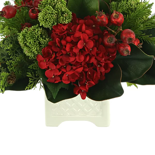 Hydrangea Holiday Arrangement with Cedar, Sedum and Berries in a Ceramic Pot