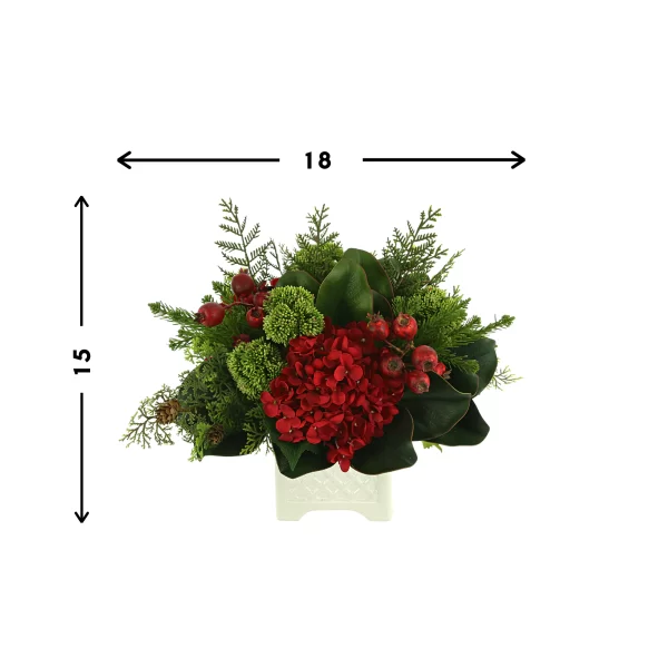 Hydrangea Holiday Arrangement with Cedar, Sedum and Berries in a Ceramic Pot