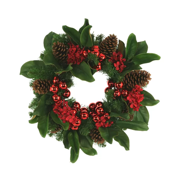 22" Evergreen Holiday Wreath with Hydrangeas, Magnolia Leaves and Ornaments