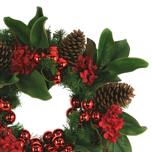 22" Evergreen Holiday Wreath with Hydrangeas, Magnolia Leaves and Ornaments