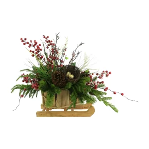 Evergreen Holiday Arrangement with Snowy Berries and Bird’s Nest in a Wooden Sleigh