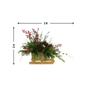 Evergreen Holiday Arrangement with Snowy Berries and Bird’s Nest in a Wooden Sleigh