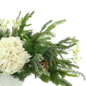 Hydrangea and Evergreen Holiday Arrangement in a Ceramic Vase