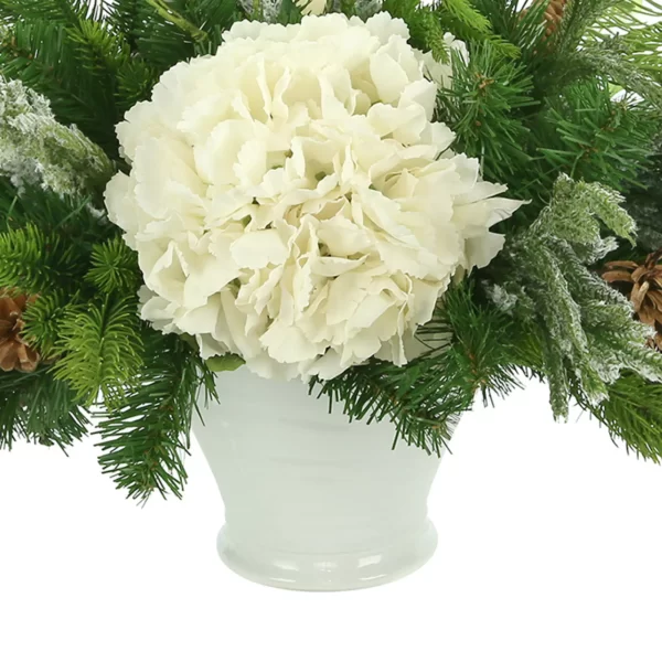 Hydrangea and Evergreen Holiday Arrangement in a Ceramic Vase