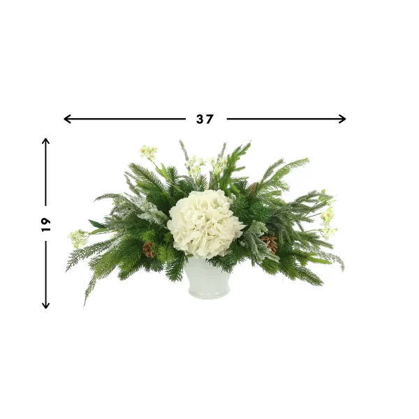 Hydrangea and Evergreen Holiday Arrangement in a Ceramic Vase