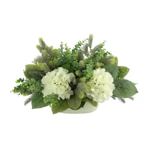 Hydrangea, Eucalyptus and Evergreen Holiday Arrangement in a Ceramic Pot