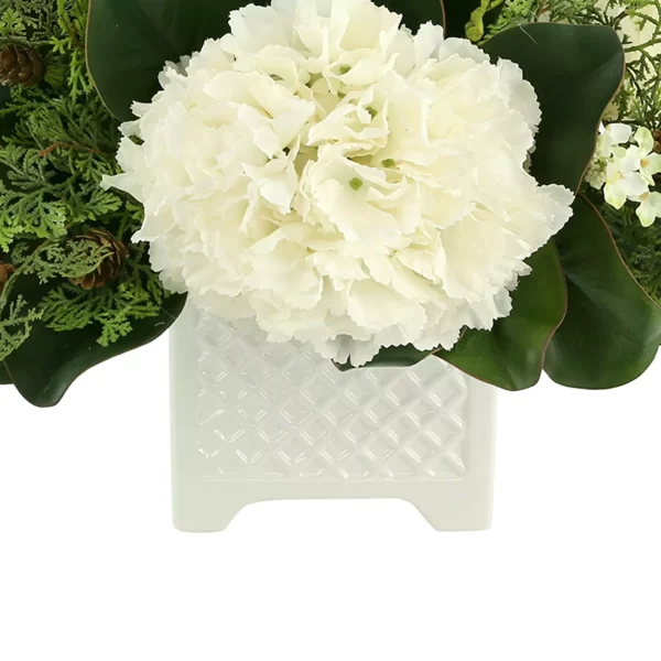 Hydrangea and Pine Holiday Arrangement in a Square Ceramic Pot