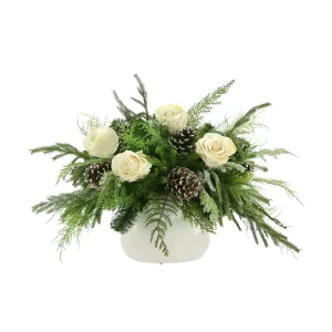 Rose, Evergreen and Cedar Holiday Arrangement in a Ceramic Pot