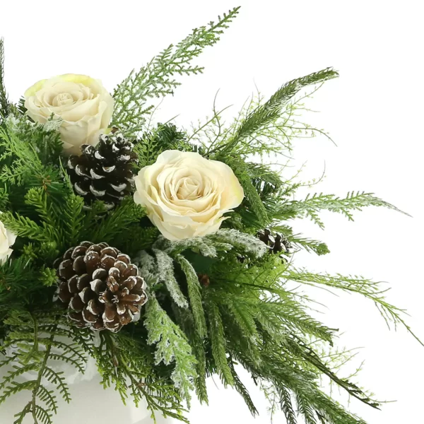 Rose, Evergreen and Cedar Holiday Arrangement in a Ceramic Pot
