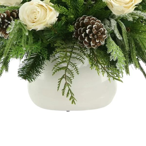 Rose, Evergreen and Cedar Holiday Arrangement in a Ceramic Pot