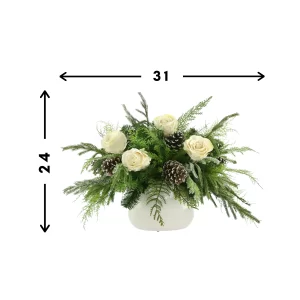 Rose, Evergreen and Cedar Holiday Arrangement in a Ceramic Pot