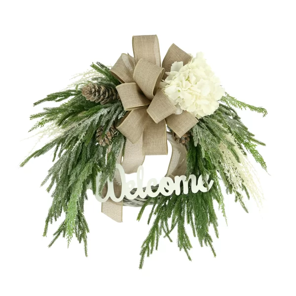 30" Holiday Willow Wreath with Hydrangeas, Bows and "Welcome" Sign