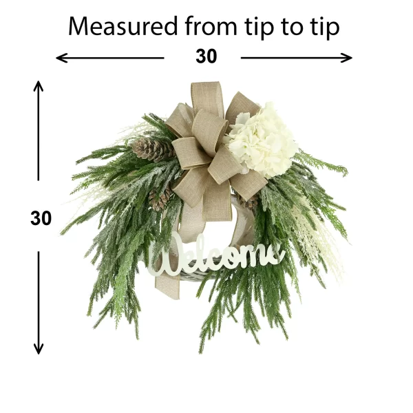 30" Woven Willow Holiday Wreath with Evergreen, Pinecones and a Large Bow - Image 3