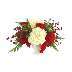 Hydrangea and Evergreen Holiday Arrangement in Ceramic Vase