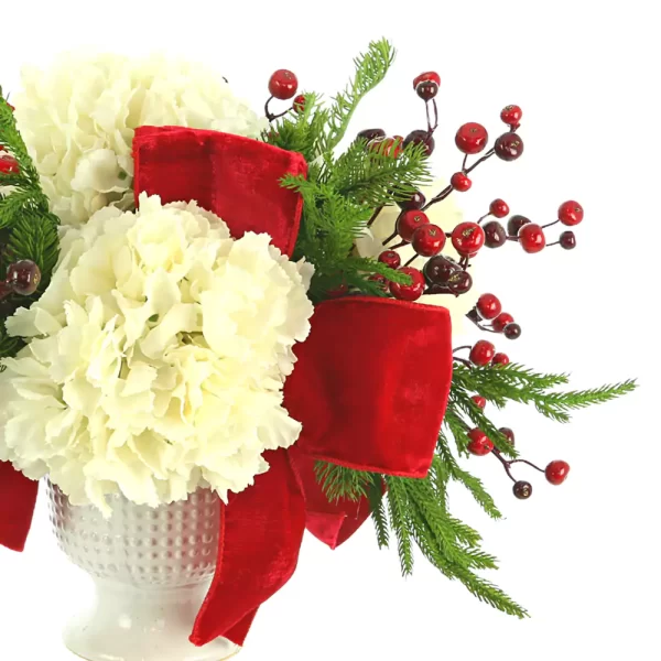 Hydrangea and Evergreen Holiday Arrangement in Ceramic Vase