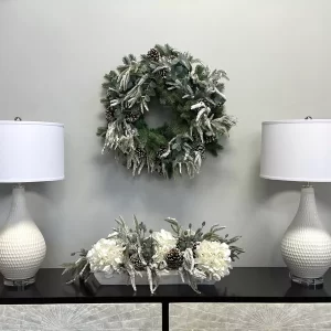 Hydrangea And Evergreen Holiday Arrangement In A Wood Planter