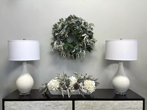 Hydrangea And Evergreen Holiday Arrangement In A Wood Planter