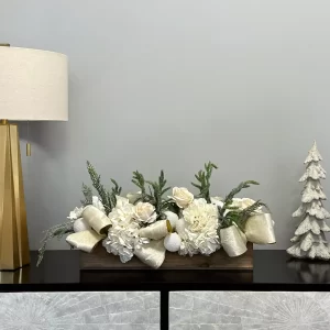 Hydrangea and Rose Holiday Arrangement in a Wood Planter