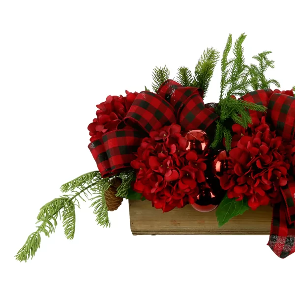 Hydrangea and Evergreen Holiday Arrangement in a Wood Planter