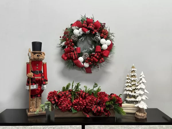 Hydrangea and Evergreen Holiday Arrangement in a Wood Planter