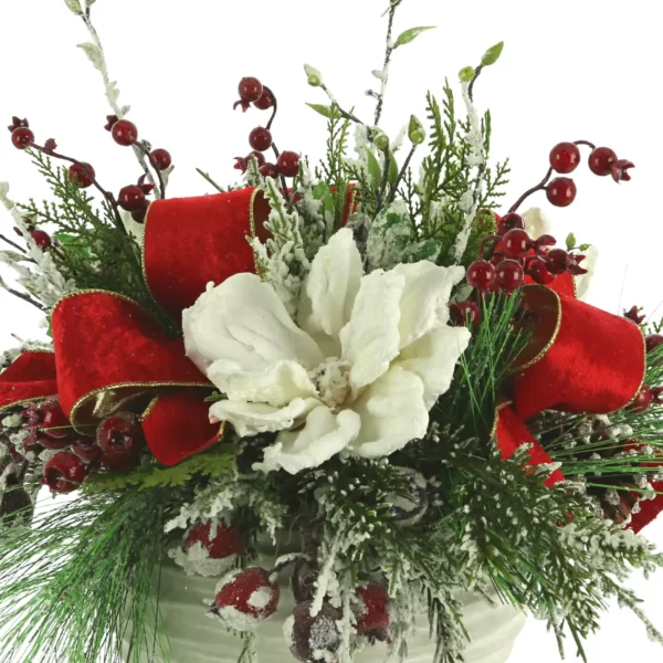 Holiday Arrangement with Magnolias, Snowy Greens and Berries in Ceramic Pot