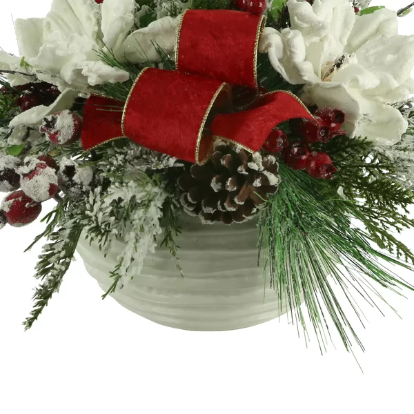 Holiday Arrangement with Magnolias, Snowy Greens and Berries in Ceramic Pot