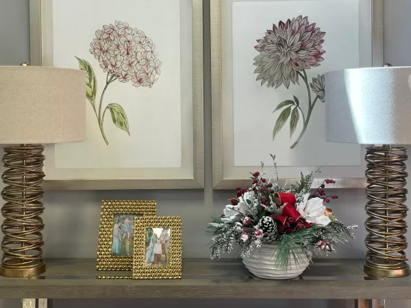 Holiday Arrangement with Magnolias, Snowy Greens and Berries in Ceramic Pot