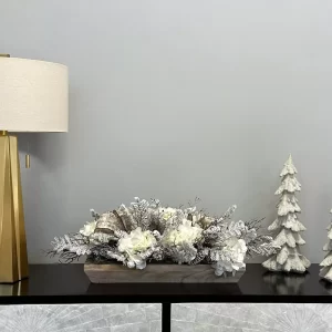 Hydrangea and Snowy Pine Holiday Arrangement with Music Bows