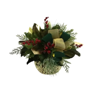 Cedar, Magnolia Leaf and Berry Holiday Arrangement in Ceramic Vase