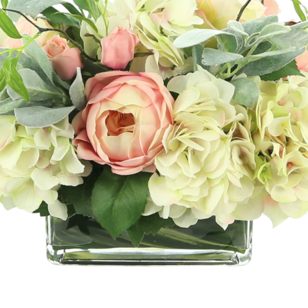 Hydrangeas, Roses and Lamb's Ear in Glass Vase - Image 6
