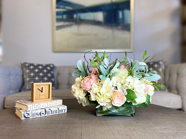 Hydrangeas, Roses and Lamb's Ear in Glass Vase - Image 3