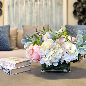 Hydrangeas, Roses and Lamb's Ear in Glass Vase