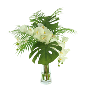 Tropical Orchid Arrangement with Monstera and Palm Leaves