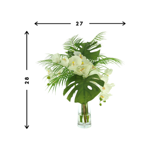 Tropical Orchid Arrangement with Monstera and Palm Leaves