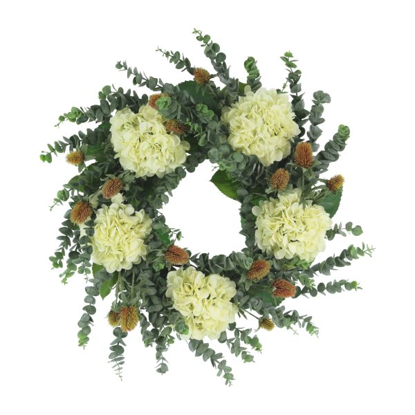 26" Wreath with Hydrangeas, Eucalyptus and Thistle