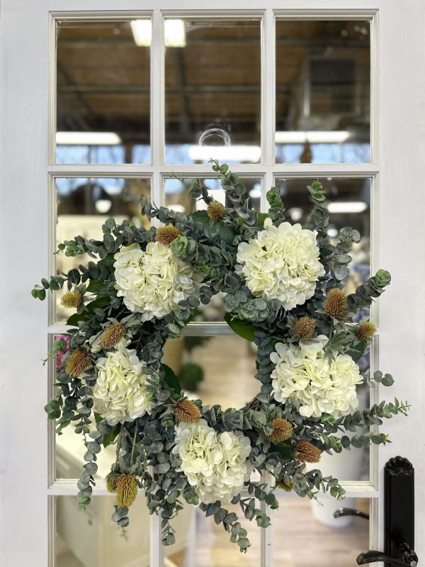 26" Wreath with Hydrangeas, Eucalyptus and Thistle - Image 2