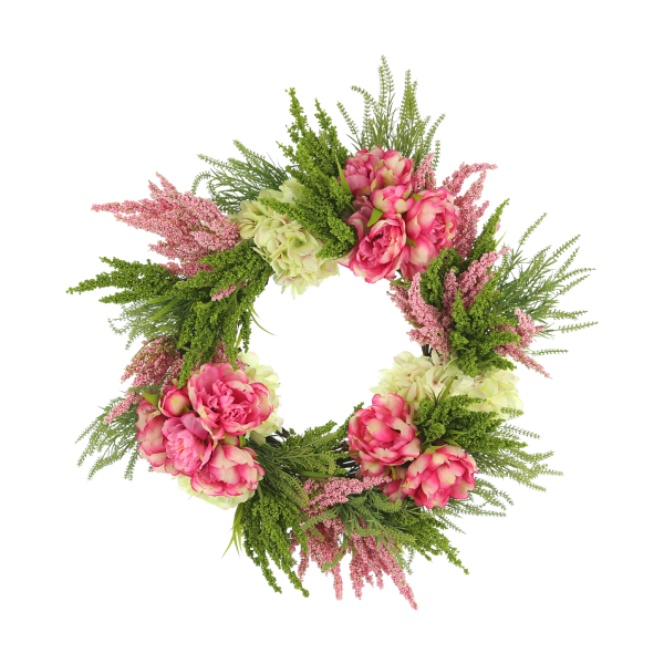 28" Spring Wreath with Hydrangeas, Peonies and Heather