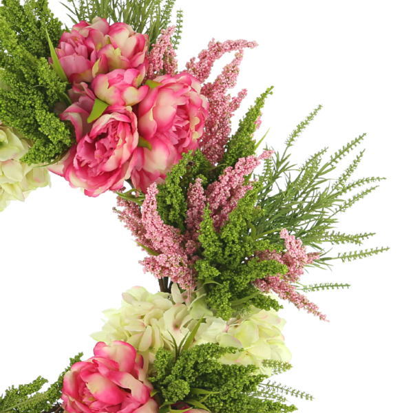28" Spring Wreath with Hydrangeas, Peonies and Heather - Image 2