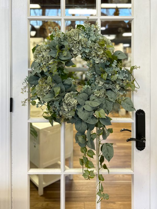 27" Wreath with Hanging Ivy, Hydrangeas and Eucalyptus - Image 2