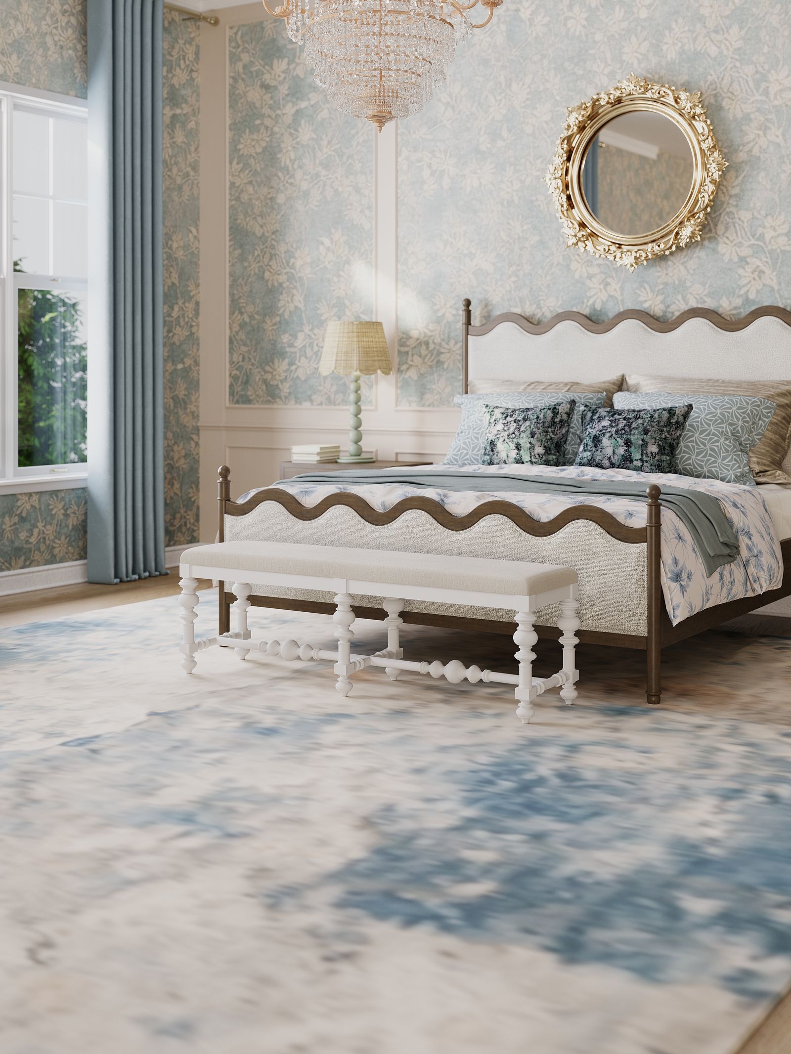 Elegant bedroom with white and blue color scheme, a white bedframe, gold mirror, and chandelier