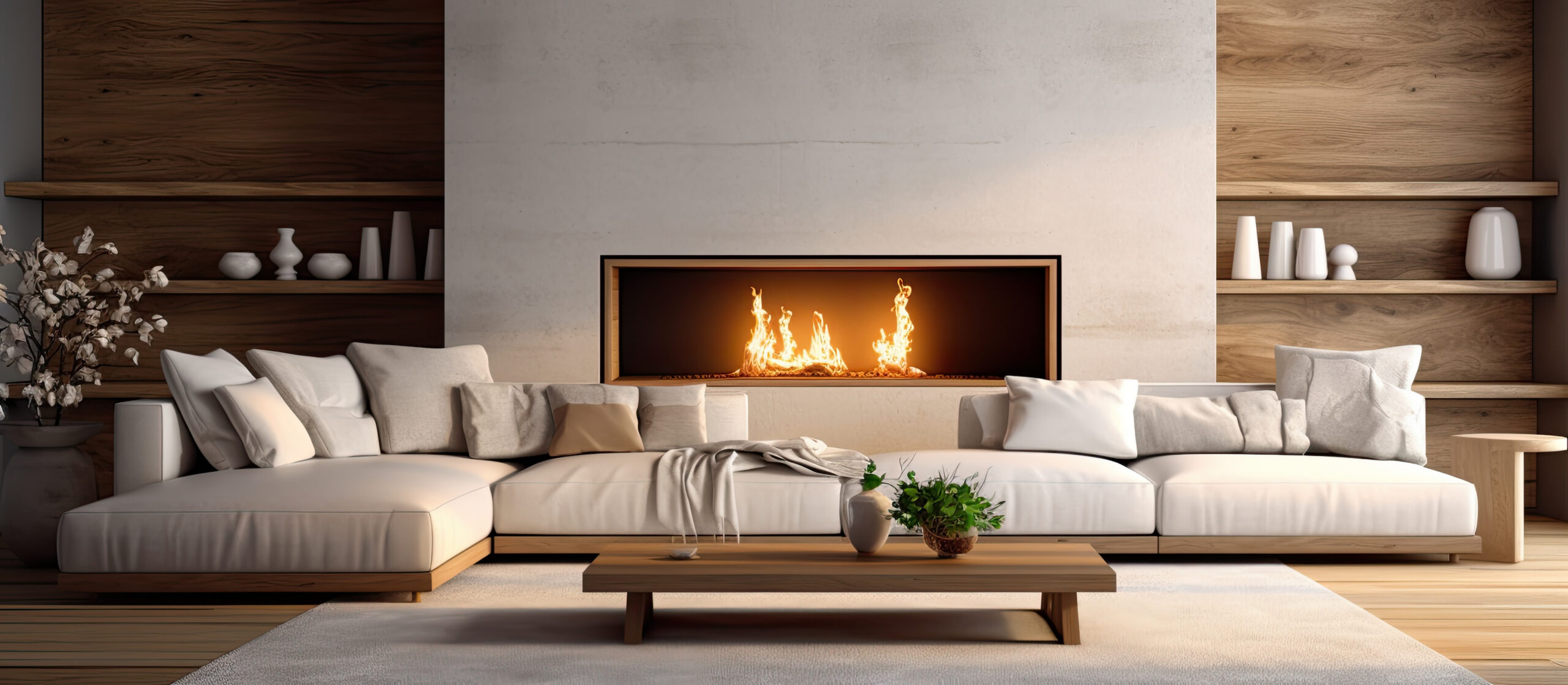 White sectional sofa behind a wood coffee table and in front of a white stone fireplace