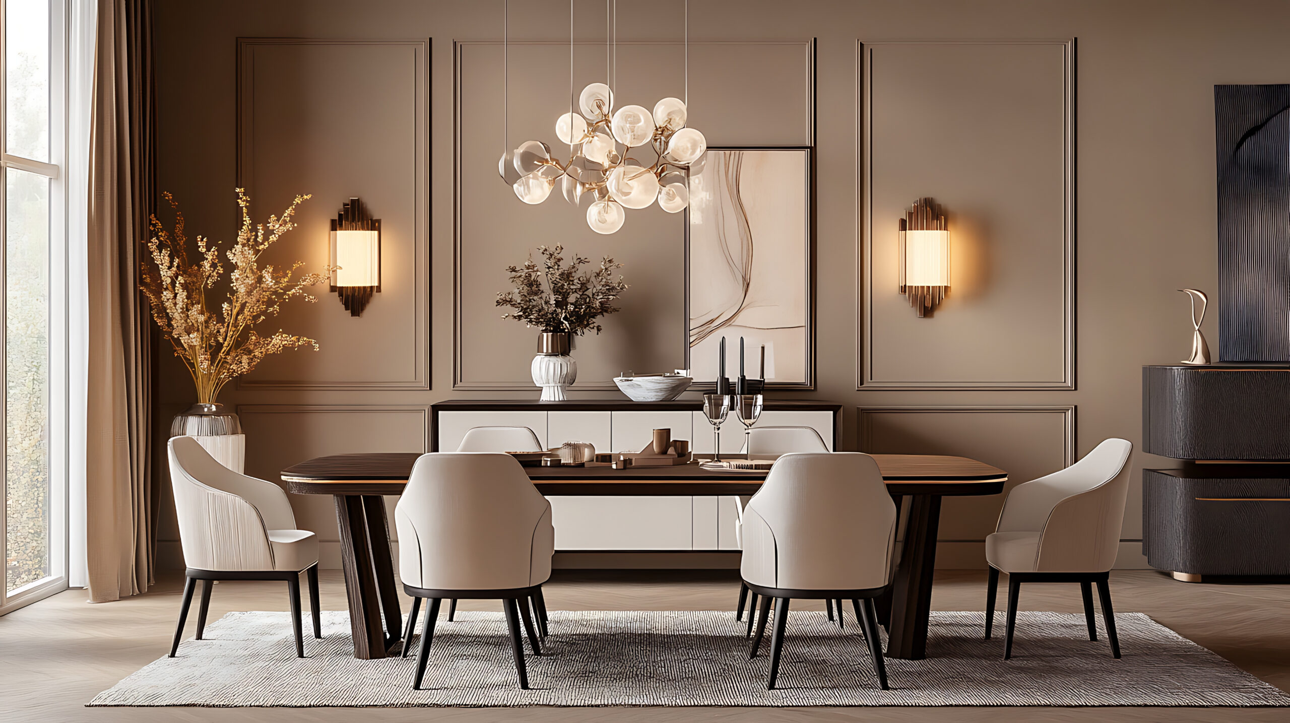 Modern dining room with long dining table, white chairs, floral decor, and a modern lighting fixture