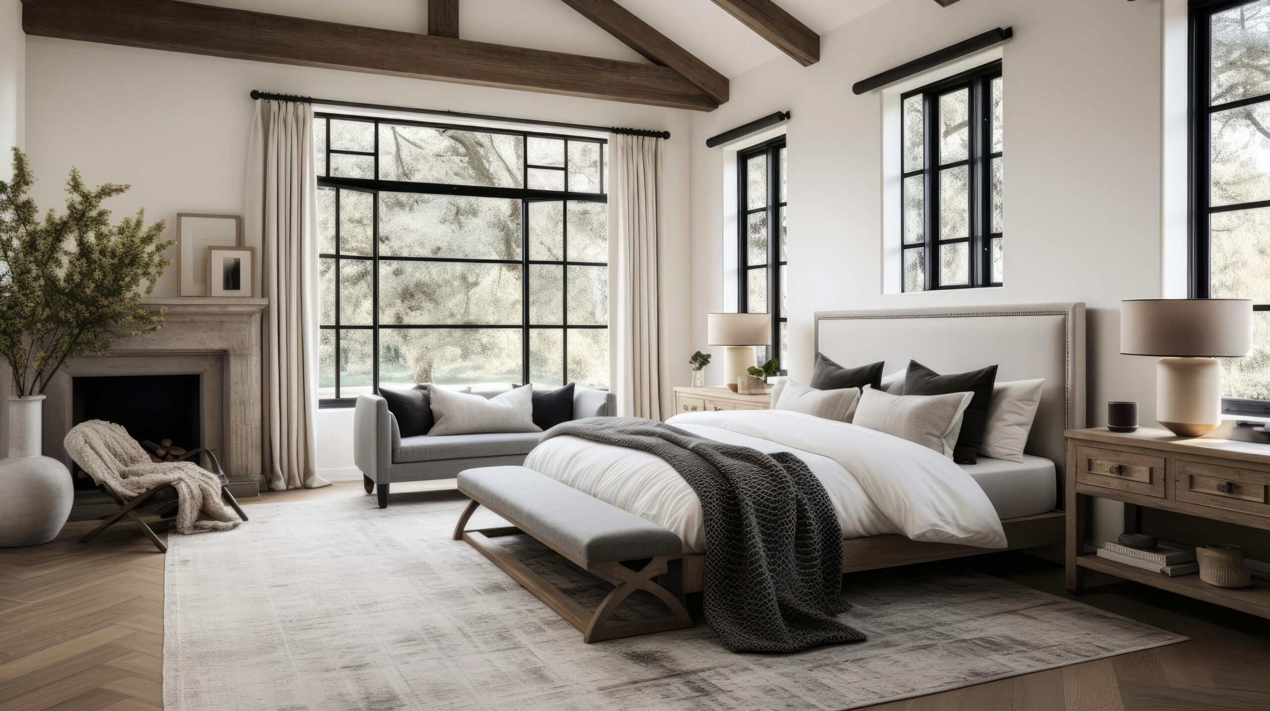 Modern, bright bedroom with white bed and headboard, black trimmed windows, stone fireplace, and nightstands with lamps,
